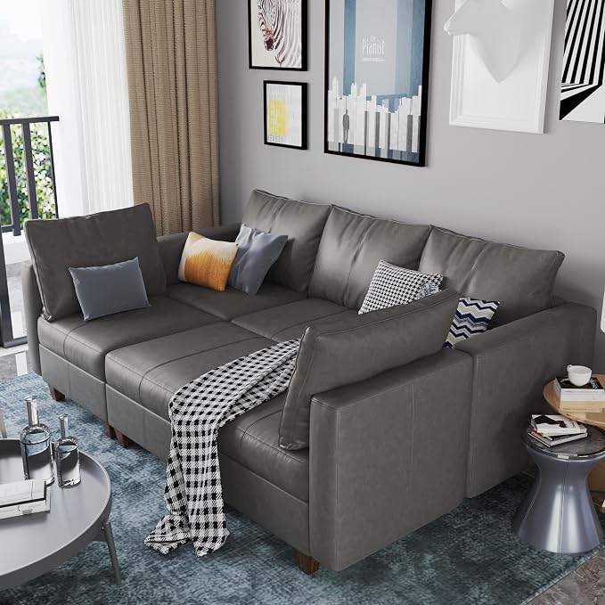 EASE MOOSE Faux Leather Modular Sofa Sectional Sofa Bed with Storage, Faux Leather Sectional Sofa Sleeper Sectional Couch for Apartment