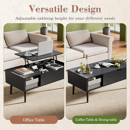 OLIXIS Wood Coffee Table Lift Top Coffee Tables for Living Room Office, Small Rising Wooden Center Tables with Large Storage Shelf and Hidden Compartment, Black