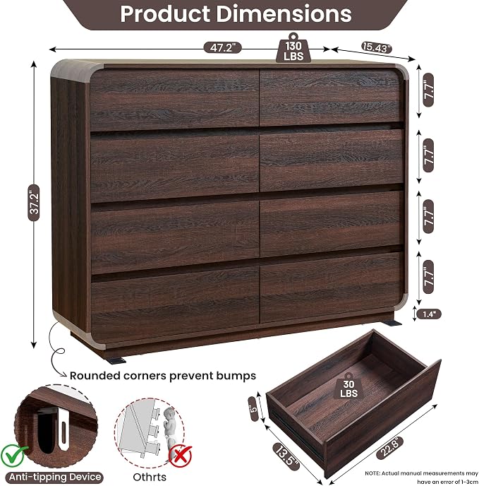 Standifurno Modern 8 Drawer Dresser, 47- Inch Wood Chest of Drawers with Large Storage, Walnut Dresser Closet for Bedroom, Living Room, Nursery.