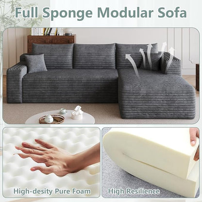 95" Modular Sectional Sofa, Modern Corduroy Cloud Couch with Side Pockets, Boneless Couch Upholstered 3-Seater L-Shaped Sofa for Living Room, No Assembly Required (Dark Gray,Right-Facing Chaise)
