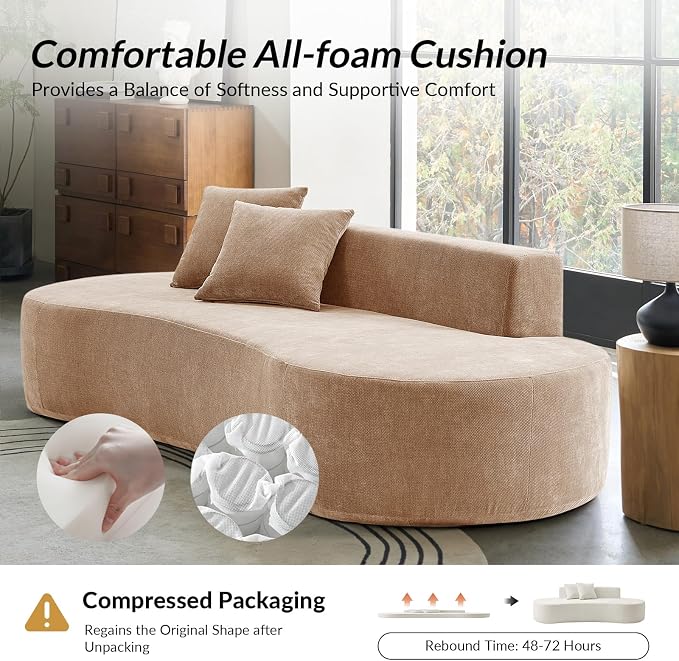 94.5" Modern Curved Sofa, 3-Seater Comfy Foam Couch with 2 Pillows, Frameless & No Assembly Required, Cloud Couch for Living Room, Pink