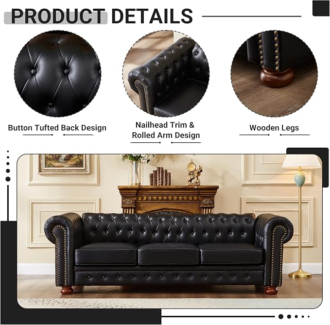 Chesterfield Leather Sofa, 89" Mid Century Modern Couch with Low Back, Roll Arm Nailhead Trim Classic 3 Seater Couch for Living Room, Office, Apartment, PU Black