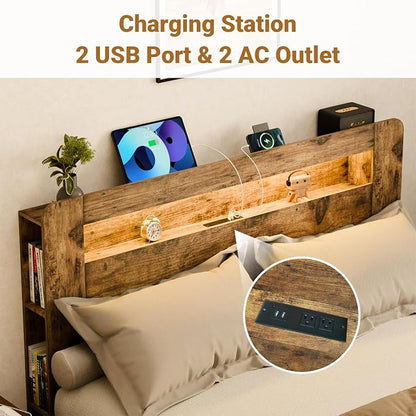 Zevemomo Full Size Bed Frame with Headboard, Full Size Bed Frame with Charging Station, Built in LED Light Strip, Noiseless, No Box Spring Needed, Rustic Brown(Rectangular Slot)