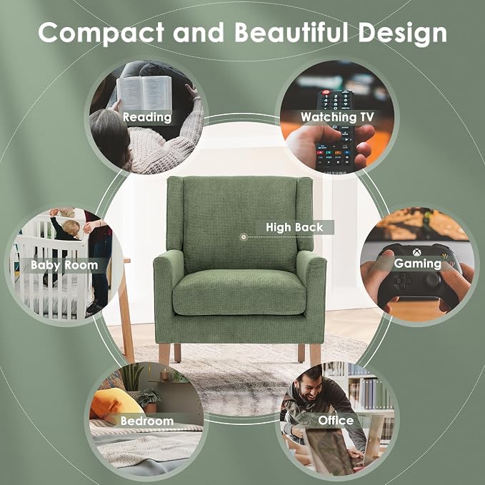 COLAMY Modern Wingback Living Room Chair Set of 2, Upholstered Fabric Accent Armchair, Single Sofa Chair with Lounge Seat and Wood Legs for Bedroom/Office/Reading Spaces, Green