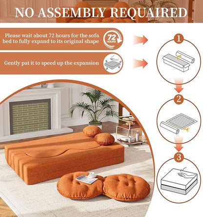 75” Full Size Convertible Sleeper Sofa Bed, Boneless Folding Futon Loveseat Sofa with 2 Pillows, High Density Foam Compressed Foldable Guest Couch for Living Room Apartment (Orange Corduroy)