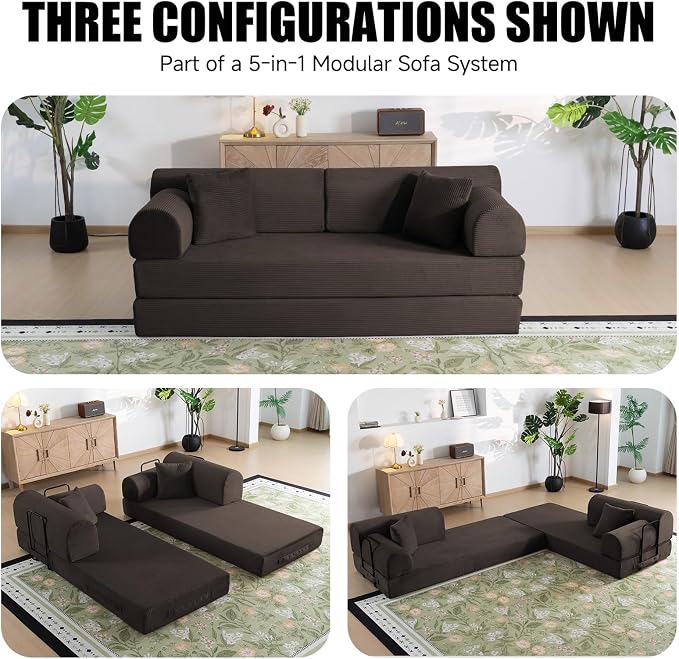 78.8" Boneless Memory Foam Couch, Corduroy Convertible Floor Sofa Bed, Fold-Out Sleeper Futon Loveseat, Wide Armrests & Supportive Back, 1200 lb, Couch in a Box, 2 Pillows, Brown