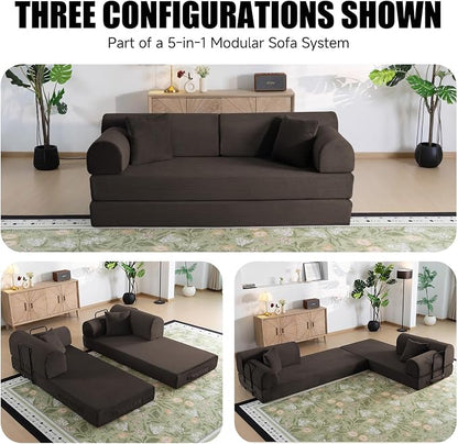 78.8" Boneless Memory Foam Couch, Corduroy Convertible Floor Sofa Bed, Fold-Out Sleeper Futon Loveseat, Wide Armrests & Supportive Back, 1200 lb, Couch in a Box, 2 Pillows, Brown