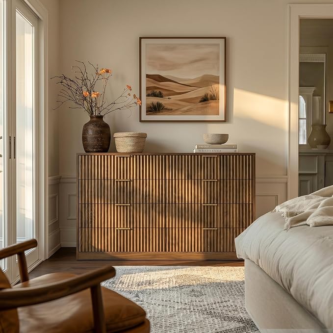 Walnut 8 Drawer Dresser for Bedroom, 55" Wide Fluted Chest of Drawers with Gold Metal Handles, Modern Wooden Dresser, Closet Storage Organizer Mid Century TV Stand for Living Room Hallway