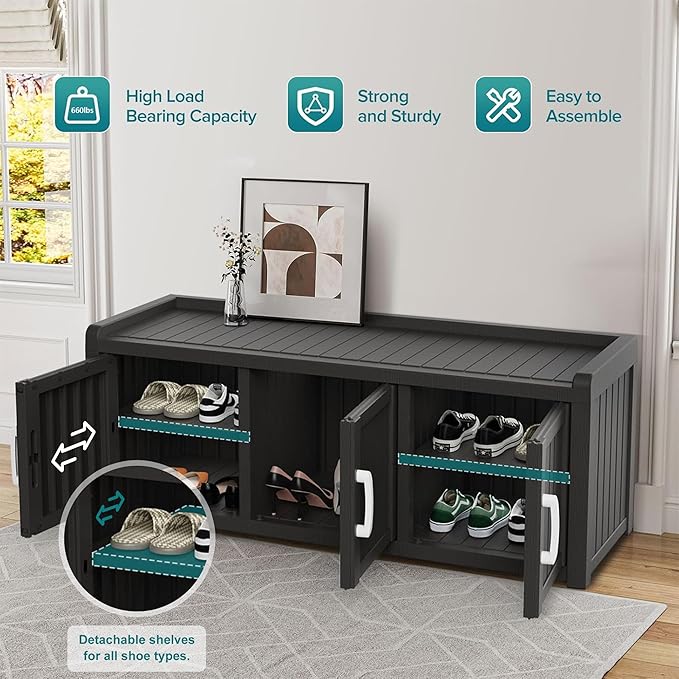 DRATO Outdoor Shoe Storage Cabinet, Waterproof Resin Shoe Storage Bench, Large Shoes Rack Cabinet with 3 Doors for Outdoor Indoor Entryway Hallway Corner Bedroom Porch (Black, 3 Doors)