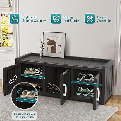 DRATO Outdoor Shoe Storage Cabinet, Waterproof Resin Shoe Storage Bench, Large Shoes Rack Cabinet with 3 Doors for Outdoor Indoor Entryway Hallway Corner Bedroom Porch (Black, 3 Doors)