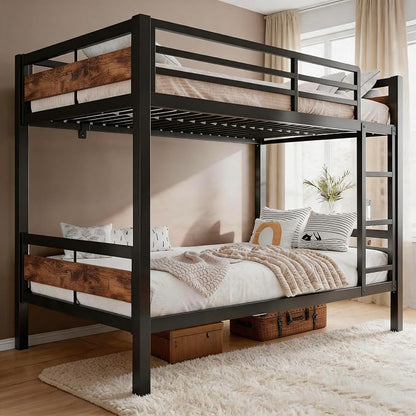 Bunk Bed Full Over Full, Heavy Duty Metal Bunkbeds with Full-Length Guardrail, Space-Saving Steel Bed for Kids & Adults, No Box Spring Required, Rustic Brown