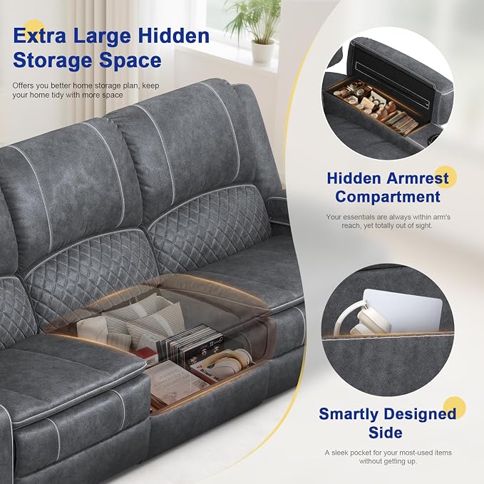 Redesigned Recliner Sofa 3 Seater Couch with Recliner, Home Theater Seating with Liftable Console & Removable Armrest, Manual Velvet Fabric Sofa Reclinering with Storage & USB Ports for Living Room