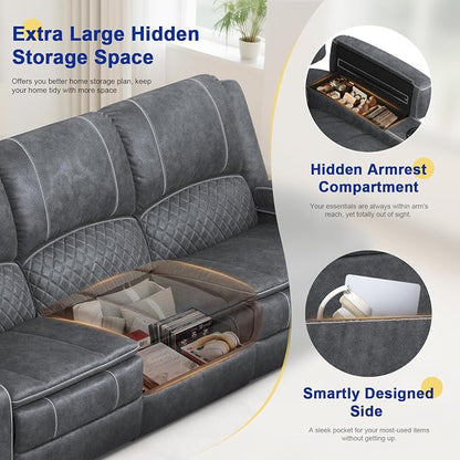 Redesigned Recliner Sofa 3 Seater Couch with Recliner, Home Theater Seating with Liftable Console & Removable Armrest, Manual Velvet Fabric Sofa Reclinering with Storage & USB Ports for Living Room