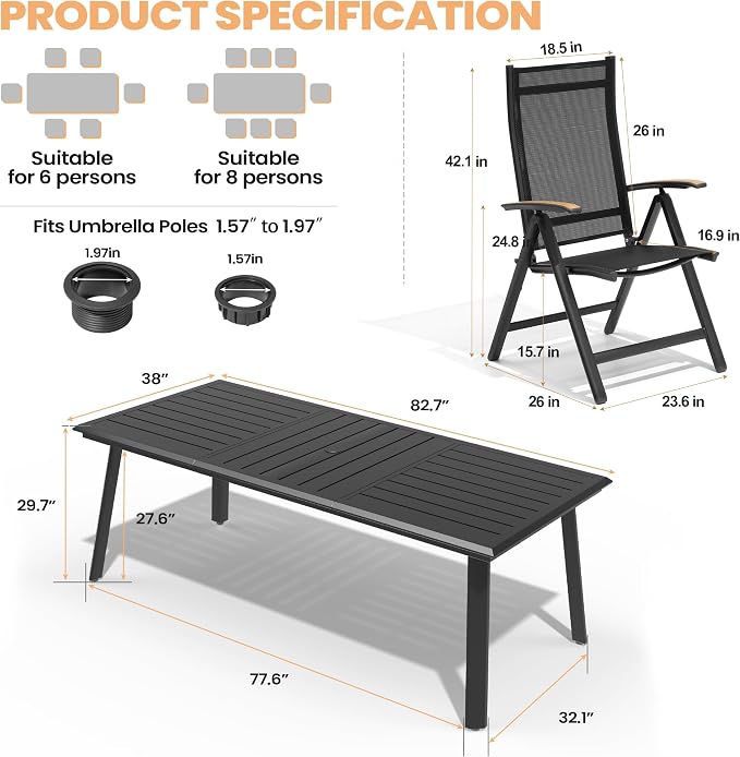 Pellebant 9 Pieces Aluminum Patio Table and Chairs Set - 83" Rectangular Table and Foldable Chairs Outdoor Dining Set with Umbrella Hole, Weather Resistant Sturdy Frame for Deck, Porch & Backyard