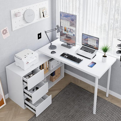Home Office Computer Desk Corner Desk with 3 Drawers and 2 Shelves, 53-inch L-Shaped Study Desk with Storage, White