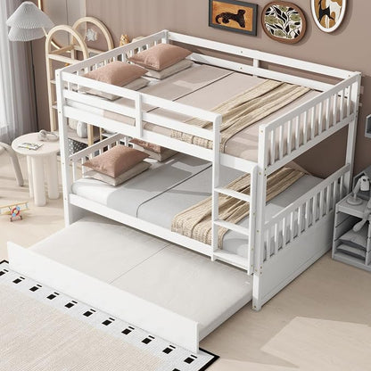 Harper & Bright Designs Convertible Wood Full-Over-Full Bunk Bed with Trundle and Ladder - Can Be Divided Into Two Platform Beds, White