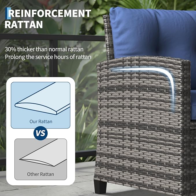 Garvee Outdoor Wicker Chairs,3 Pieces Patio Furniture Set,All Weather High Back Rattan Chairs w/Washable Cushion and Tempered Glass Tabletop for Deck Porch Balcony Backyard Garden,Gray & Blue