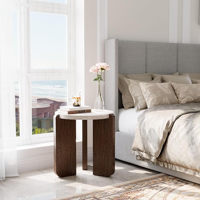 COSIEST Small Round Side Table, Modern 3-Leg Accent End Table with Faux Marble Wood Top and Wood-Like Legs, Nightstand for Living Room, Bedroom, Office, Cream White & Dark Brown,17.7”Dia. x 18.9”H