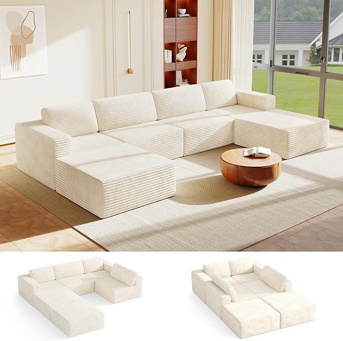 Vesgantti 159" Large Modular Sectional Sofa, U-Shaped Corduroy Cloud Couch with Deep Seats & Spring Support, 4-Seater Boneless Sofa with 2 Movable Ottomans, No Assembly Needed, Beige