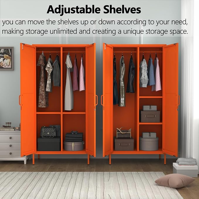 Metal Wardrobe with Lock 67"Clothing Steel Storage Cabinet Locker Hanging Rod And Adjustable Shelves 2 Doors Household kids wardrobe closet Lockers For Bedroom Home Orange Size:67"H X 31.5"W X 18.1"D