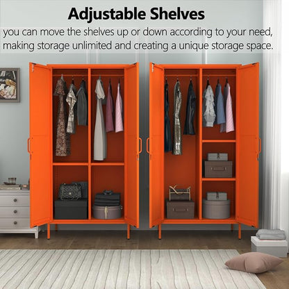 Metal Wardrobe with Lock 67"Clothing Steel Storage Cabinet Locker Hanging Rod And Adjustable Shelves 2 Doors Household kids wardrobe closet Lockers For Bedroom Home Orange Size:67"H X 31.5"W X 18.1"D