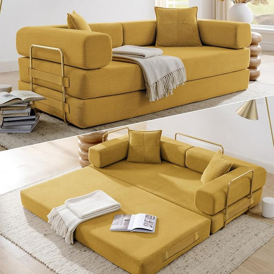 HANXIN 78 Inch Convertible Sleeper Sofa Bed, Folding Floor Mattress Couch with Fixed-Shape Frame, Futon Boneless Couch Lounge Loveseat with Pull Out Bed, No Assembly Required (Yellow)