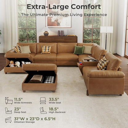 SITJOY Large Cloud Couch, 138" Wide 6 Seater V Shaped with Console, Brown | Pet-Friendly Scratch-Resistant Leather Sectional Sofas for Living Room, Deep Seat Wide Couch with Chaise, Storage Ottoman