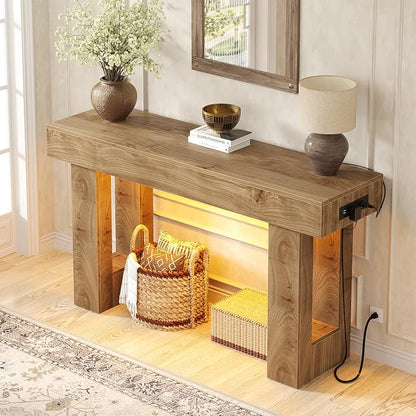 Unikito 47" Entryway Table with Socket and Sensor Light, Narrow Console Table with Storage Behind Couch, Farmhouse Entry Way Tables with Open Storage for Entrance/Hallway/Living Room, Natural Oak