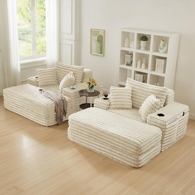 5-In-1 Oversized Chaise Lounge Chair Indoor with Ottoman,54.5"W Faux Fur Convertible Folding Sleeper Sofa Bed with Cup Holder&Side Pocket,Comfy Boneless Couch Sofa Chair for Living Room,Bedroom(Beige)