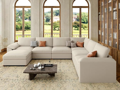 EASE MOOSE Faux Leather Sectional with Ottoman, Oversized Modular Couch, Modular Sectional Sofa with Deep Seat, Scratch Resistant Faux Leather Material, U Shaped Couch for Big Spaces, Beige
