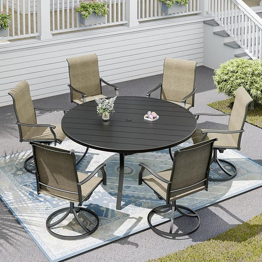 58"x 58"x 28" Patio Table and Chairs Set,6-Pieces Outdoor Swivel Dinging Chairs,Black Round Metal Table with Umbrella Hole,Outside Furniture Set for Patio,Deck,Porch,Backyard