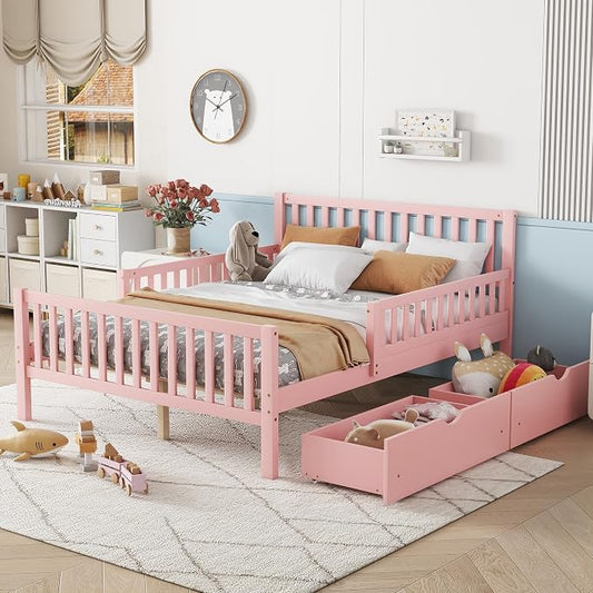 Kids Full Size Bed Frame with Storage Drawers, Wood Full Bed Frames for Kids, Full Bed Frame with Headboard and Footboard for Boys Girls, No Box Spring Needed,Pink