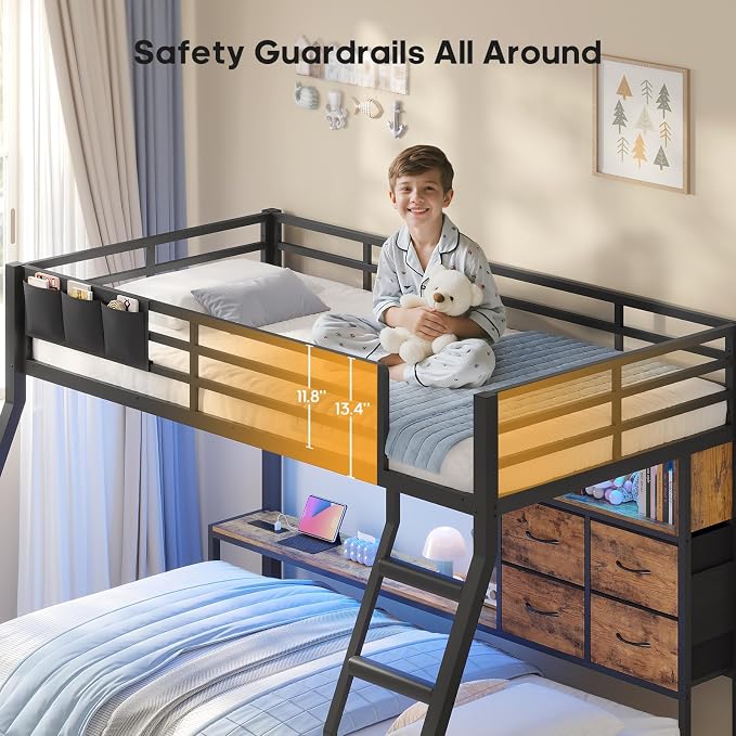 BTHFST Bunk Bed Twin Over Twin with 4 Storage Drawers & Shelves & Bedside Caddy, Twin Bunk Beds with LED Lights & Charging Station, Metal Loft Bed with Angled Ladder & Safety Guardrail, Rustic Brown