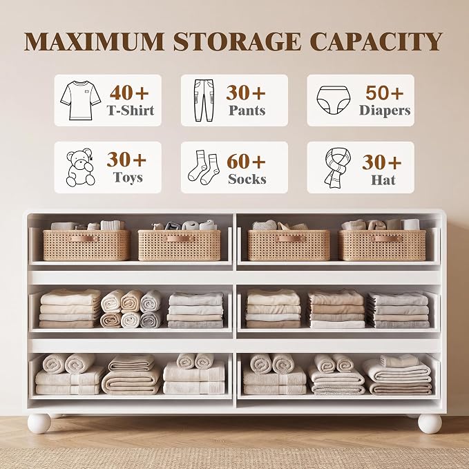 Furniway 3 Piece Bedroom Set, 6 Drawer Dresser and 2 Drawer Nightstand Set of 2 with Round Legs, Modern Wood Chest of Drawers Storage Cabinet for Bedroom, White