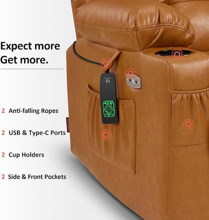 MCombo Dual Motor Power Lift Recliner Chair for Elderly, Lay Flat Lift Chair with Heat and Massage, Cup Holders, USB Ports, Faux Leather 7890 (Tawny, Medium)