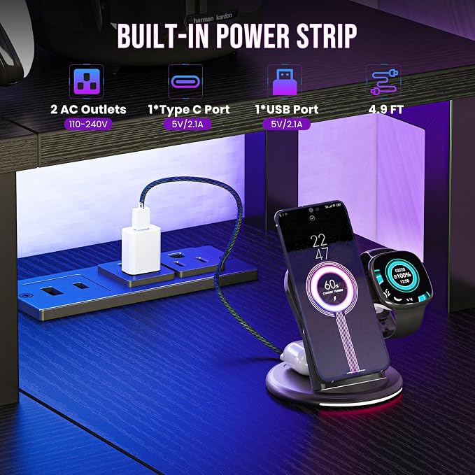 DUMOS 47” Gaming Desk with USB Charging Ports & LED Lights, Reversible L Shaped Desks Computer Corner Gamer Table with Stand Storage Shelves for Home Office Small Space, Modern Black