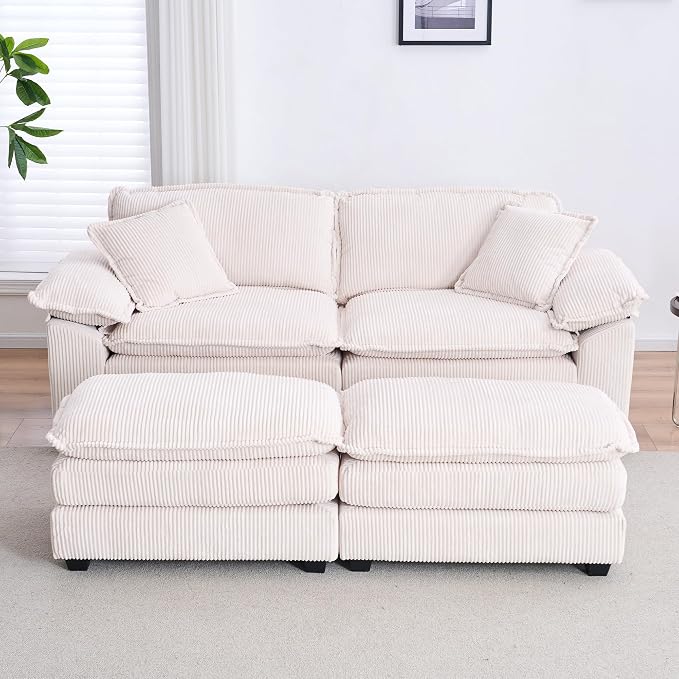 84.6” Corduroy Loveseat with Ottoman, Oversized Double Chaise Lounge Chair Indoor Deep Seat Two Seater Couch Cloud Couch Modular Sectional Sofa for Living Room(Corduroy White)