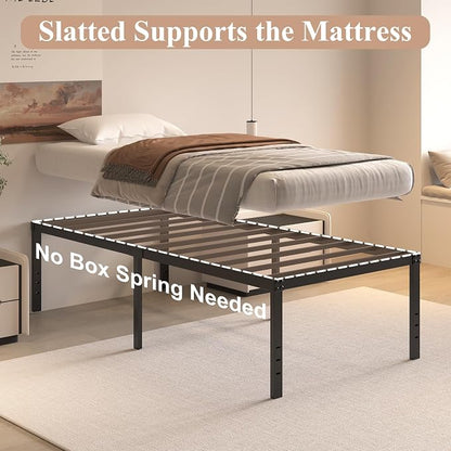 HOBINCHE 20 Inch Twin Size Bed Frame, No Box Spring Needed, Heavy Duty Black Metal Platform Mattress Foundation with Steel Slats, Non-Slip Noise Free Easy Assembly, Large Storage