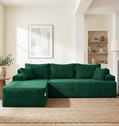 Hobestluk Modular Sectional Sofa Couches L-Shape Couch 3 Seat Modular Sofa Memory Foam Sectional Couches for Living Room, Cloud Couch with Oversized Chaise (Green Corduroy, 96", Left Hand Facing)