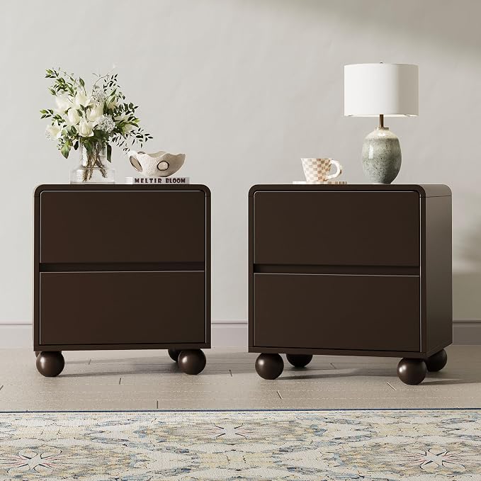 MAISONARIA Mid-Century 3-Piece Dresser Bedroom Set, 6 Drawer Dresser & 2 Drawer Nightstands with Curved Profile Design & Handle Free, Wood Chest of Drawers for Bedroom, Living Room, Hallway, Brown