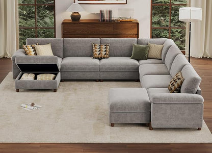 SITJOY Large Cloud Couch, 138" Wide 7 Seater V Shape, Light Gray Chenille | Detachable and Washable Chenille Cover Sectional Sofas for Living Room, Deep Seat Wide Couch with Chaise, Storage Ottoman