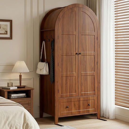 Einhomn Armoire Wardrobe Closet with Drawer & 2 Arched Doors, 70.3'' Tall Wood Closet Organizer with Hanging Rod & 3 Hooks, Large Storage Cabinet Freestanding Bedroom Admoires, Easy Assembly, Walnut