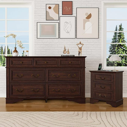 Farmhouse Dresser and Nightstand Sets, 7 Drawer Dresser & 3 Drawer Nightstand Sets, 2 Pieces Rustic Wood Bedroom Furniture Set for Home, Bedroom, Hallway(Dark Brown)