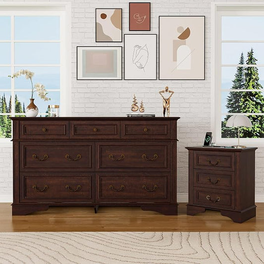 Farmhouse Dresser and Nightstand Sets, 7 Drawer Dresser & 3 Drawer Nightstand Sets, 2 Pieces Rustic Wood Bedroom Furniture Set for Home, Bedroom, Hallway(Dark Brown)