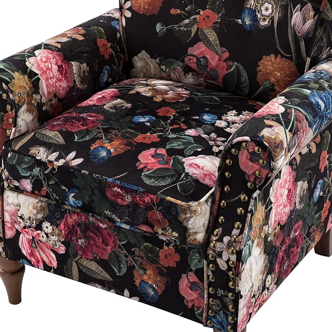 HULALA HOME Modern Wingback Accent Chair with Wood Legs & Removable Cushion, Comfy Upholstered Armchair with Nailhead Trim, Floral Pattern Single Sofa Chair for Living Room Bedroom, Black