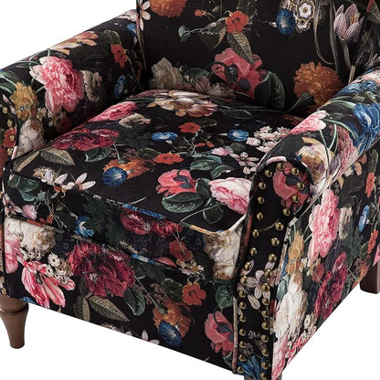 HULALA HOME Modern Wingback Accent Chair with Wood Legs & Removable Cushion, Comfy Upholstered Armchair with Nailhead Trim, Floral Pattern Single Sofa Chair for Living Room Bedroom, Black