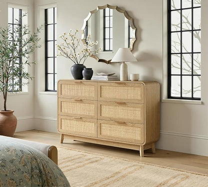 FORTUNETEC 47" Rattan 6 Drawer Dresser, Modern Farmhouse & Boho Wooden Chest of Drawers with Oak Wood Grain, Multifunctional Storage Bedroom Set for Bedroom, Living Room, Entryway & TV Stand