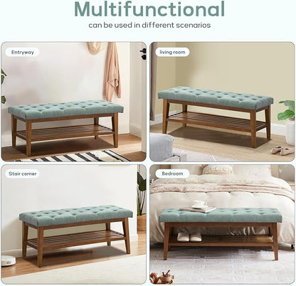 HUIMO Entryway Shoe Bench, End of Bed Bench,Upholstered Button-Tufted Bench for Kitchen, Fabric Ottoman Bench for Living Room, Padded Bench with Solid Wood Shelf,Teal