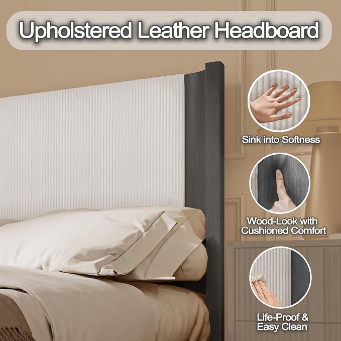 King Size Upholstered Platform Bed Frame with Wingback Headboard, Motion-Sensing LED Lights, Sturdy Slats, Mattress-Lock Footboard, PU Leather,No Box Spring Needed, Easy Assembly, Dark Grey Oak