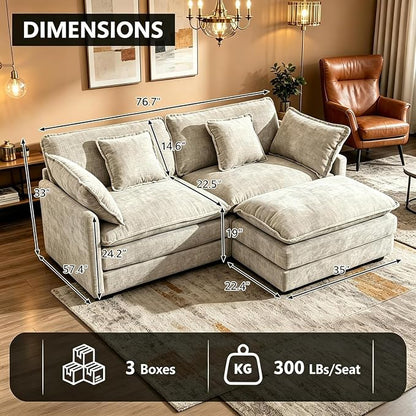 76.7" Modular Sectional Sofa with Ottoman, Modern L Shaped Sectional Couch, Comfy Cloud Couch for Living Room, Loveseat Chenille Deep Seat Sofa with Pillow for Bedroom Apartment, Small Spaces, Camel